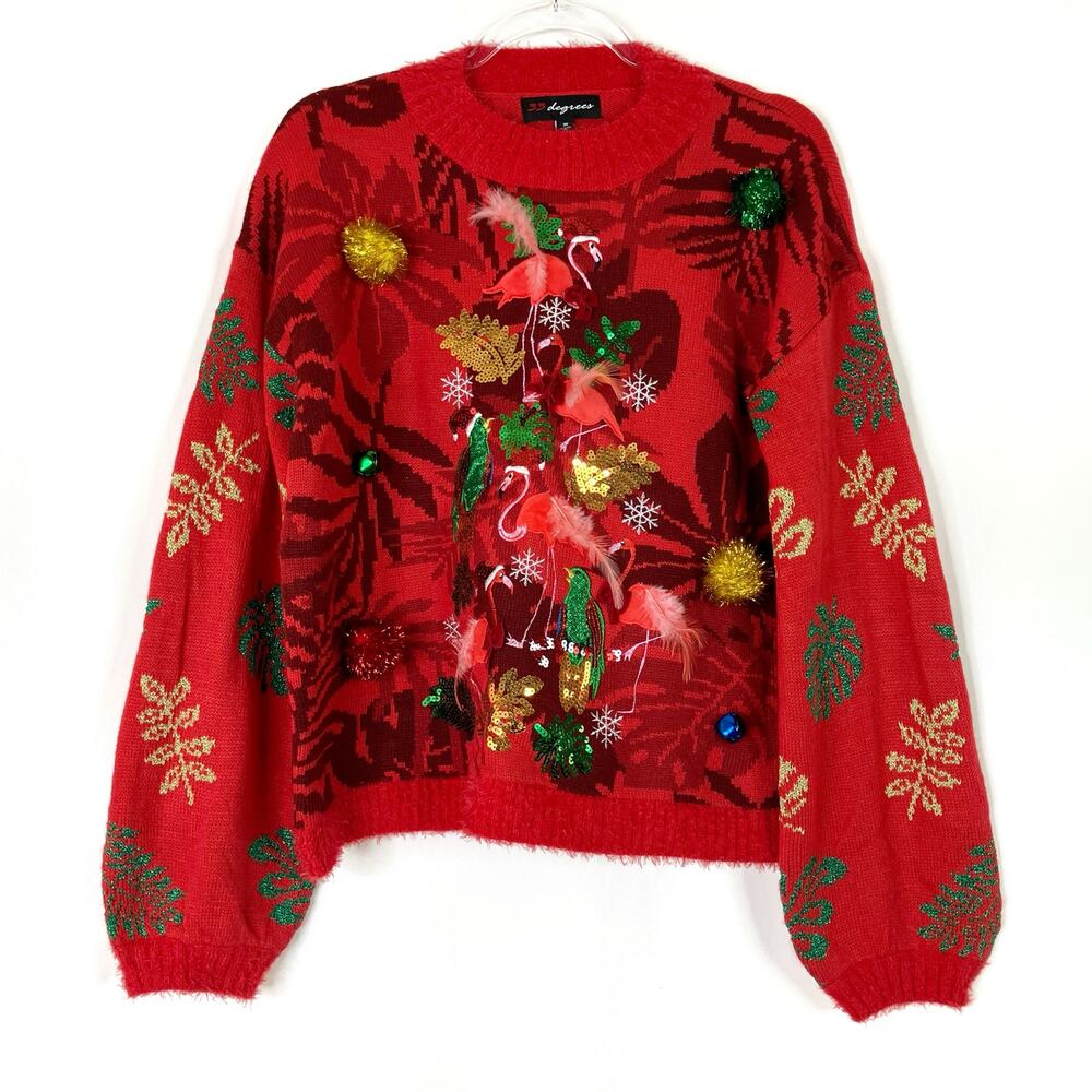 33 Degrees | Ugly Christmas Sweater Flamingo Bell Tropical Holiday Womens Medium